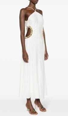 Cult Gaia White Midi Maxi Halter Dress with Gold Beaded Side Cutouts Size 10